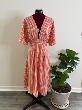 She + Sky Coral and Cream Striped Midi Dress